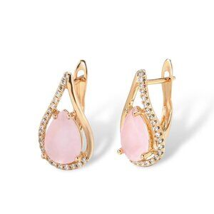NWT Teardrop Rose Quartz Huggie Earrings 14K Plated CZ Gemstone Feminine Pink